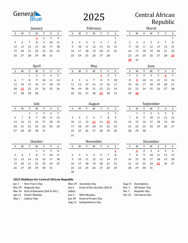 Central African Republic Holidays Calendar for 2025