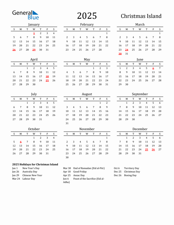 Christmas Island Holidays Calendar for 2025