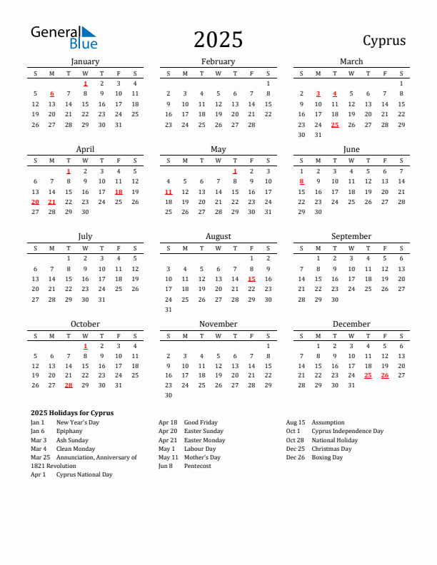 Cyprus Holidays Calendar for 2025