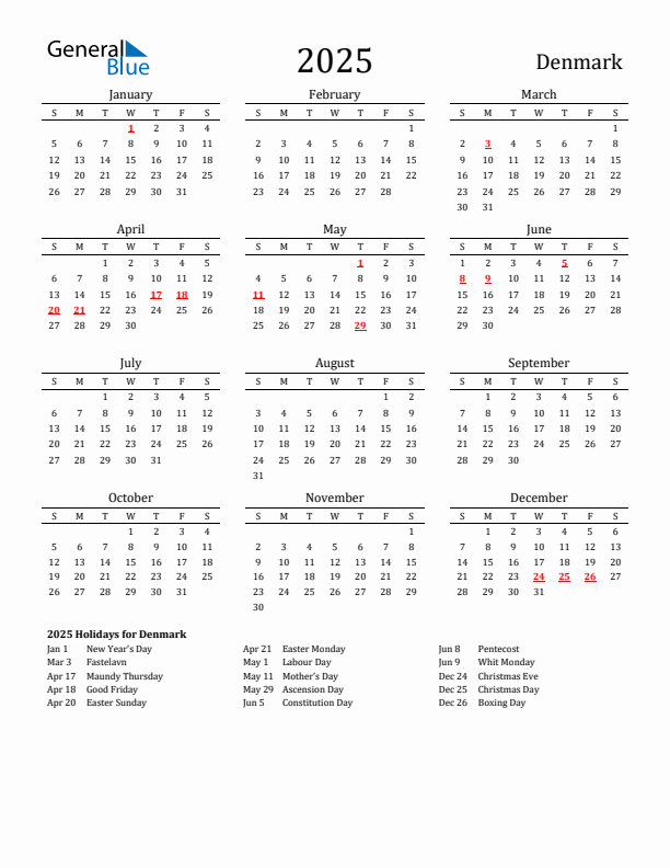 Denmark Holidays Calendar for 2025