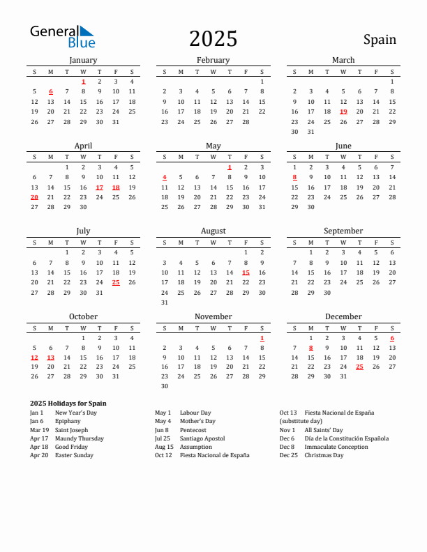 Spain Holidays Calendar for 2025