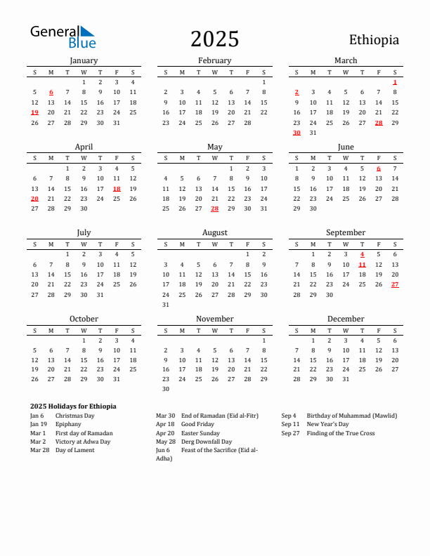 Ethiopia Holidays Calendar for 2025