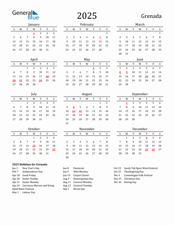 Grenada Holidays Calendar for 2025