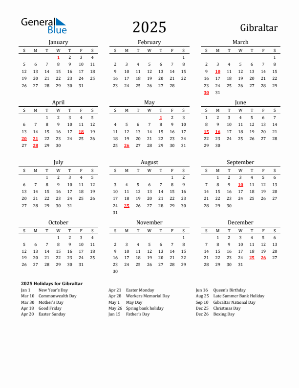 Gibraltar Holidays Calendar for 2025