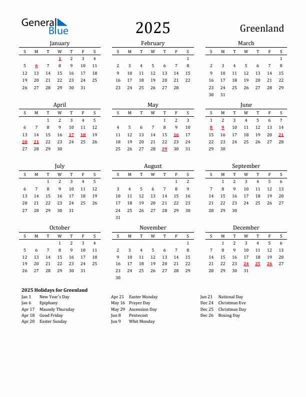 Greenland Holidays Calendar for 2025