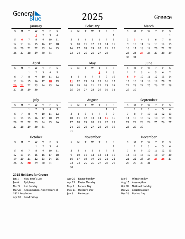 Greece Holidays Calendar for 2025