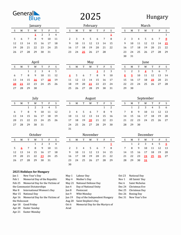 Hungary Holidays Calendar for 2025