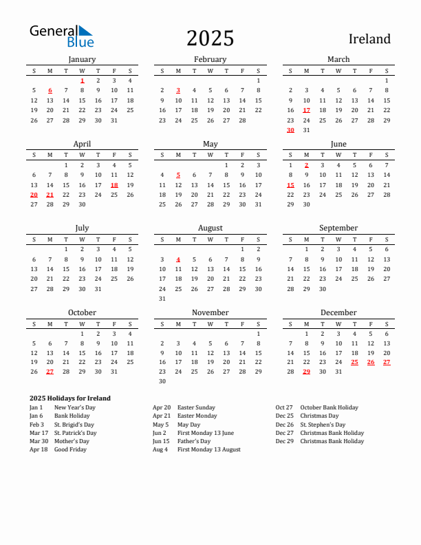 Ireland Holidays Calendar for 2025