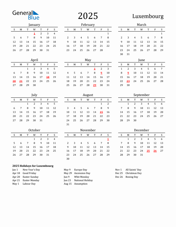 Luxembourg Holidays Calendar for 2025