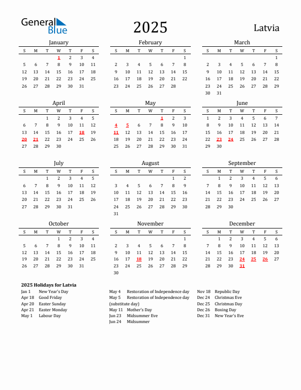 Latvia Holidays Calendar for 2025