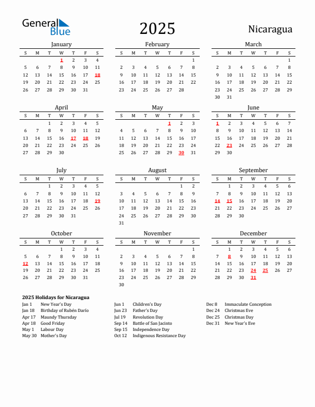 Nicaragua Holidays Calendar for 2025