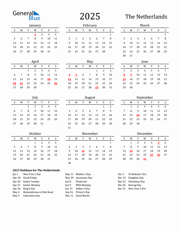 The Netherlands Holidays Calendar for 2025