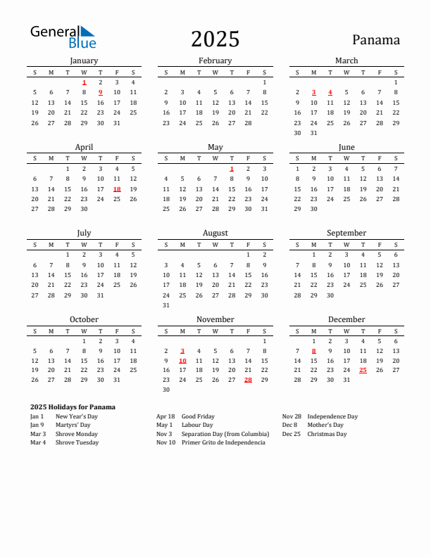 Panama Holidays Calendar for 2025