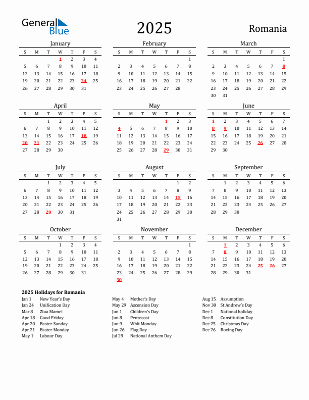 Romania Holidays Calendar for 2025