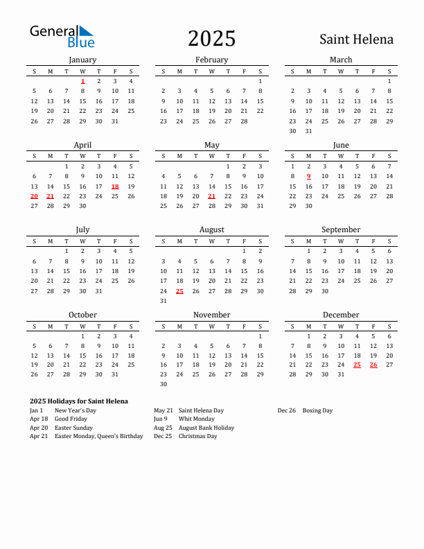 Saint Helena Holidays Calendar for 2025