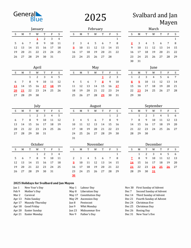 Svalbard and Jan Mayen Holidays Calendar for 2025