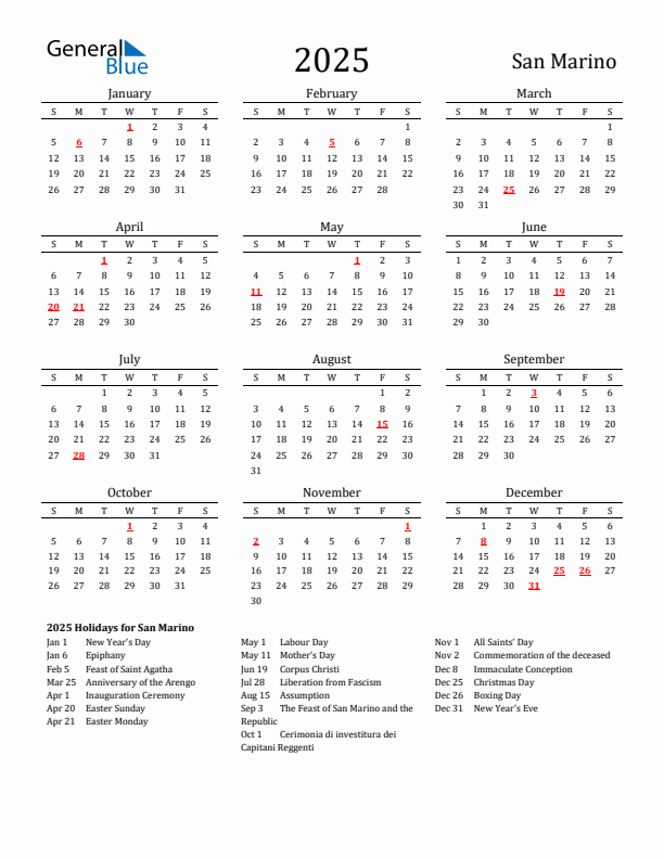 San Marino Holidays Calendar for 2025