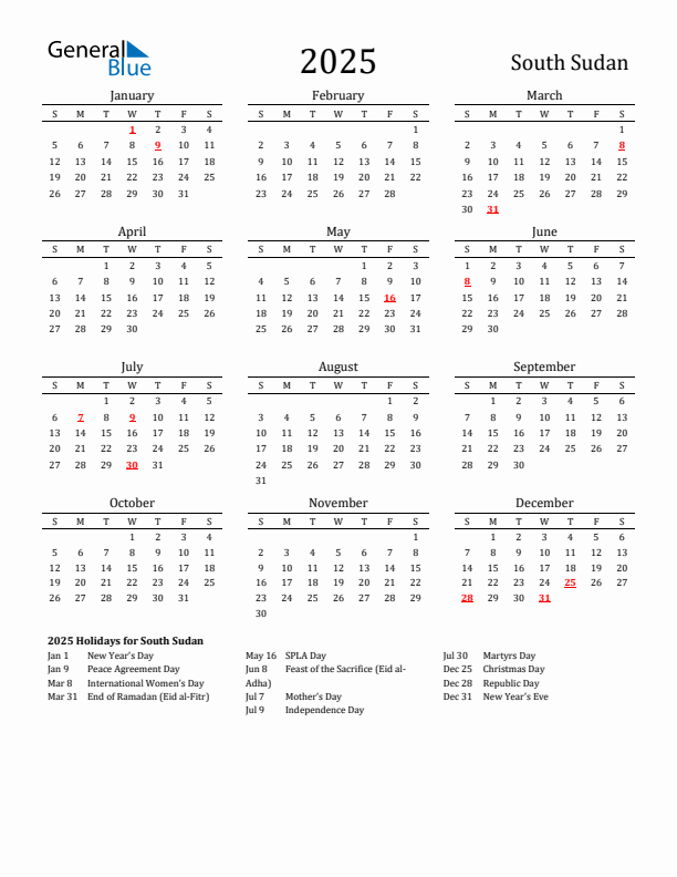 South Sudan Holidays Calendar for 2025