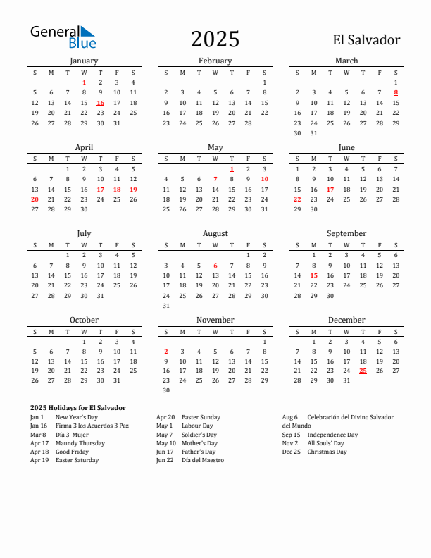 El Salvador Holidays Calendar for 2025