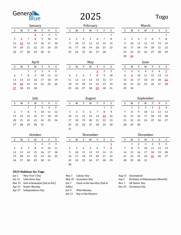 Togo Holidays Calendar for 2025