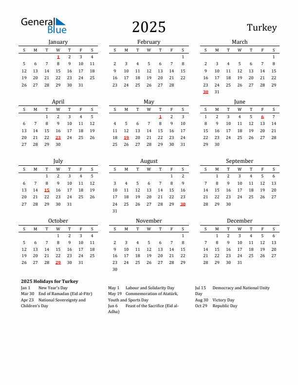 Turkey Holidays Calendar for 2025