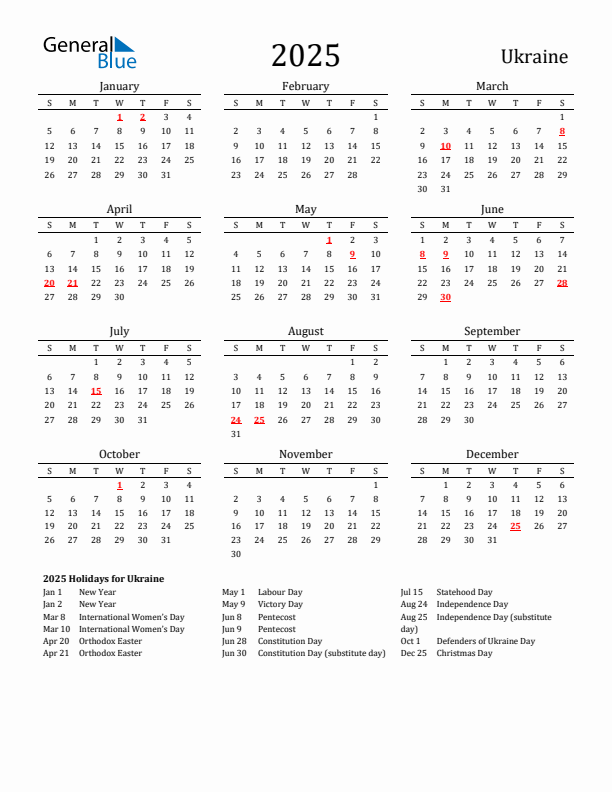 Ukraine Holidays Calendar for 2025