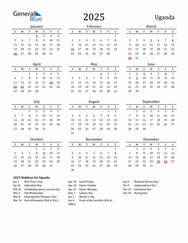 Uganda Holidays Calendar for 2025