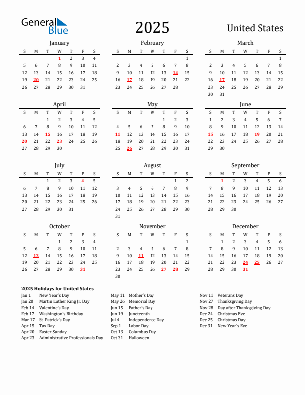 United States Holidays Calendar for 2025