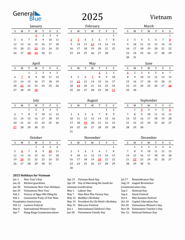 Vietnam Holidays Calendar for 2025