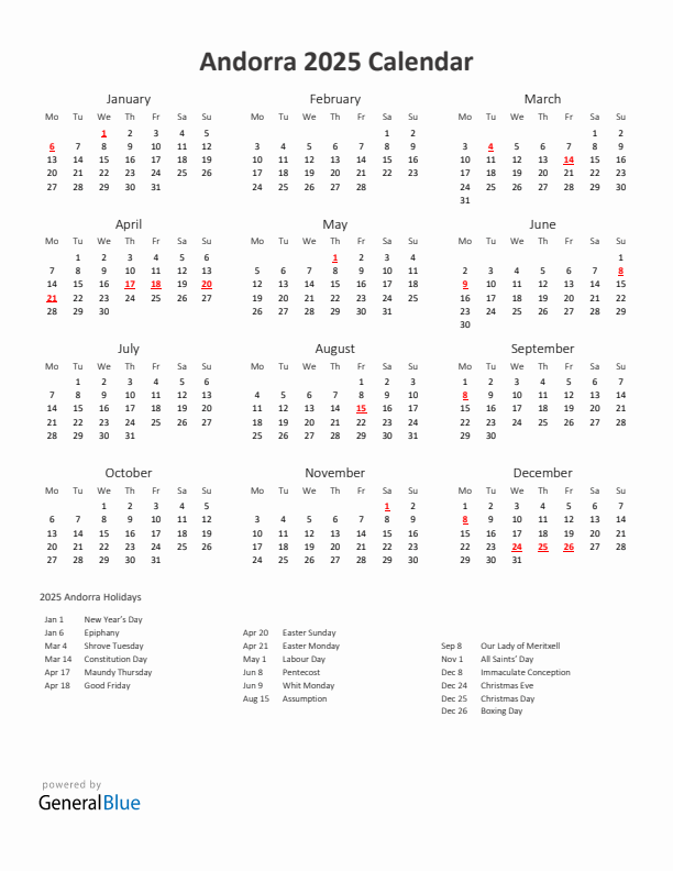 2025 Yearly Calendar Printable With Andorra Holidays