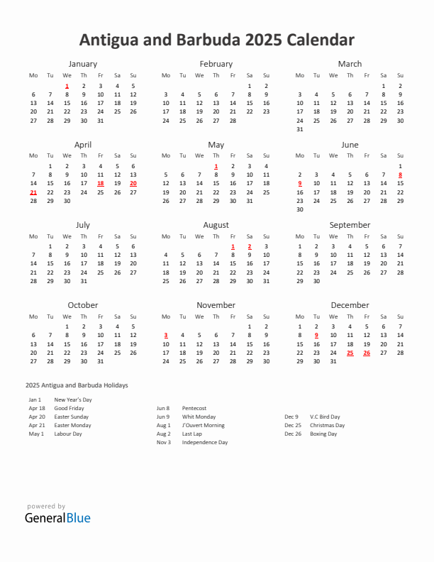 2025 Yearly Calendar Printable With Antigua and Barbuda Holidays