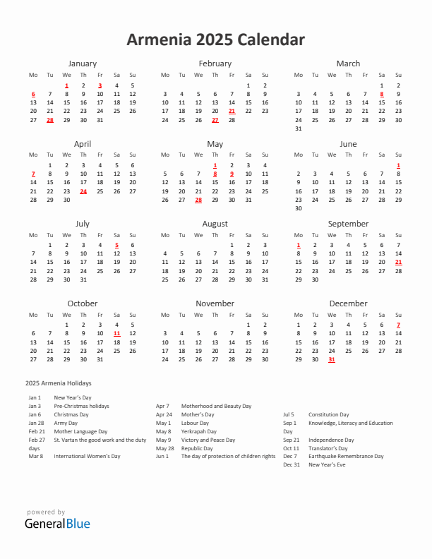 2025 Yearly Calendar Printable With Armenia Holidays