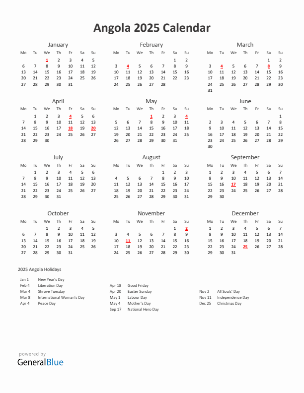 2025 Yearly Calendar Printable With Angola Holidays