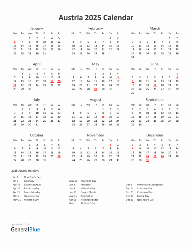 2025 Yearly Calendar Printable With Austria Holidays