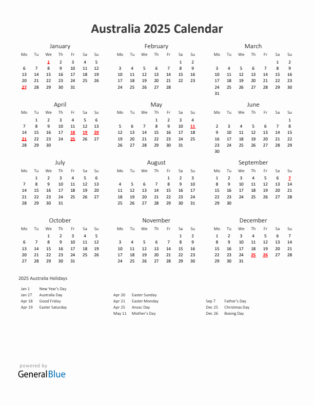 2025 Yearly Calendar Printable With Australia Holidays