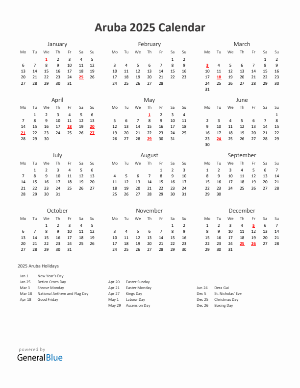 2025 Yearly Calendar Printable With Aruba Holidays