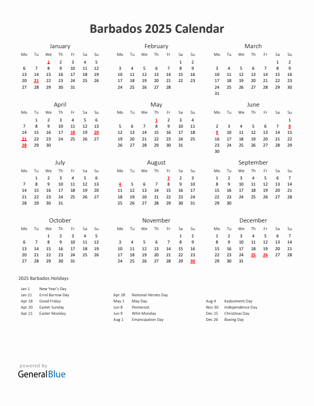 2025 Yearly Calendar Printable With Barbados Holidays