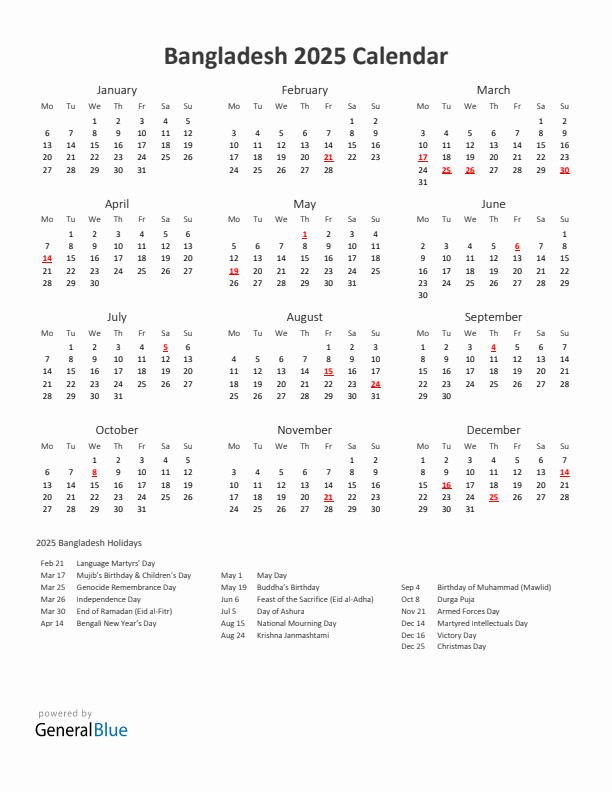 2025 Yearly Calendar Printable With Bangladesh Holidays