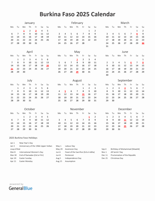 2025 Yearly Calendar Printable With Burkina Faso Holidays