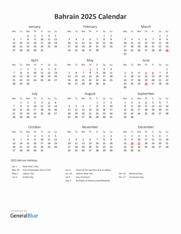 2025 Yearly Calendar Printable With Bahrain Holidays