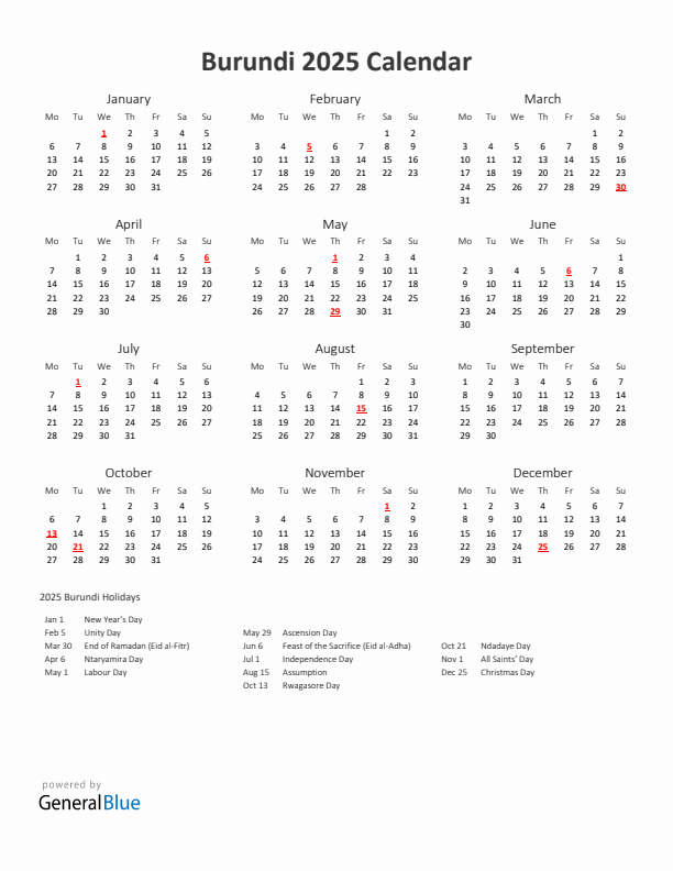 2025 Yearly Calendar Printable With Burundi Holidays