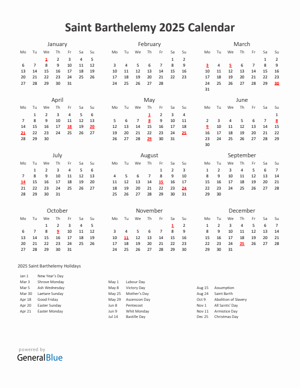 2025 Yearly Calendar Printable With Saint Barthelemy Holidays