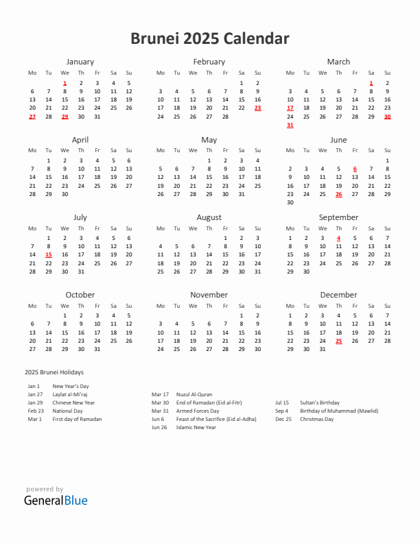 2025 Yearly Calendar Printable With Brunei Holidays