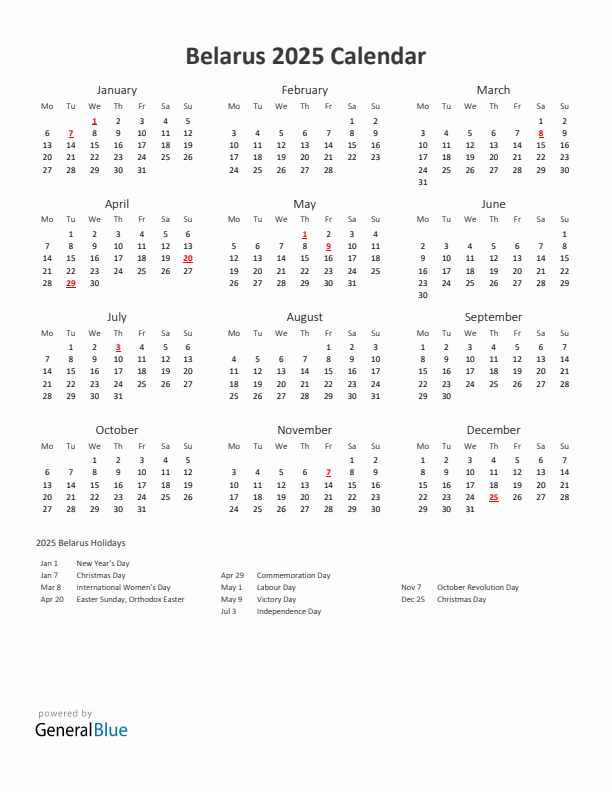 2025 Yearly Calendar Printable With Belarus Holidays