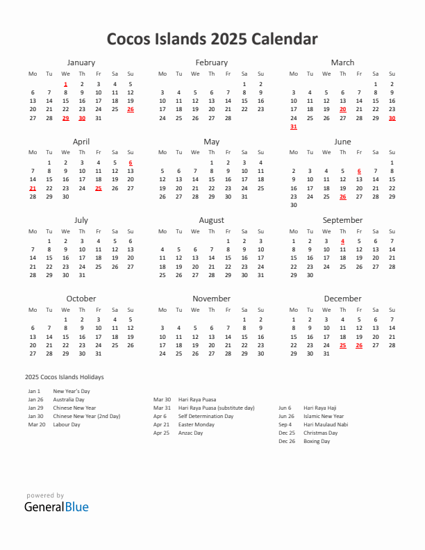 2025 Yearly Calendar Printable With Cocos Islands Holidays