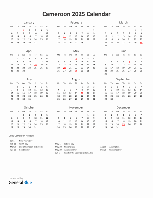 2025 Yearly Calendar Printable With Cameroon Holidays