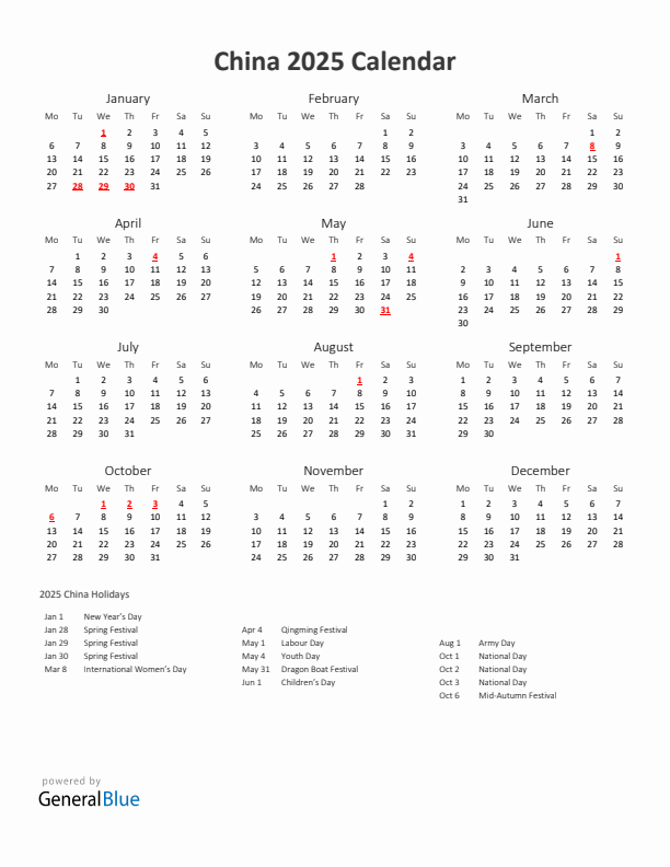 2025 Yearly Calendar Printable With China Holidays