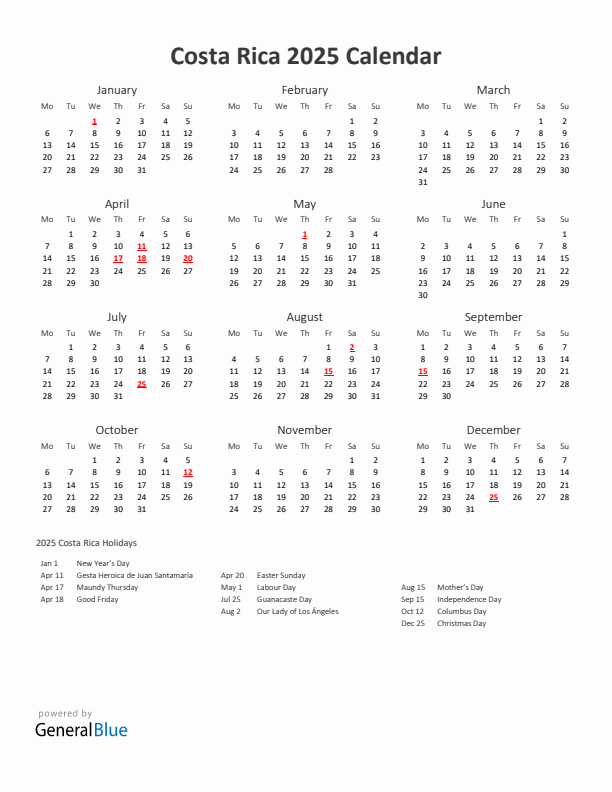 2025 Yearly Calendar Printable With Costa Rica Holidays