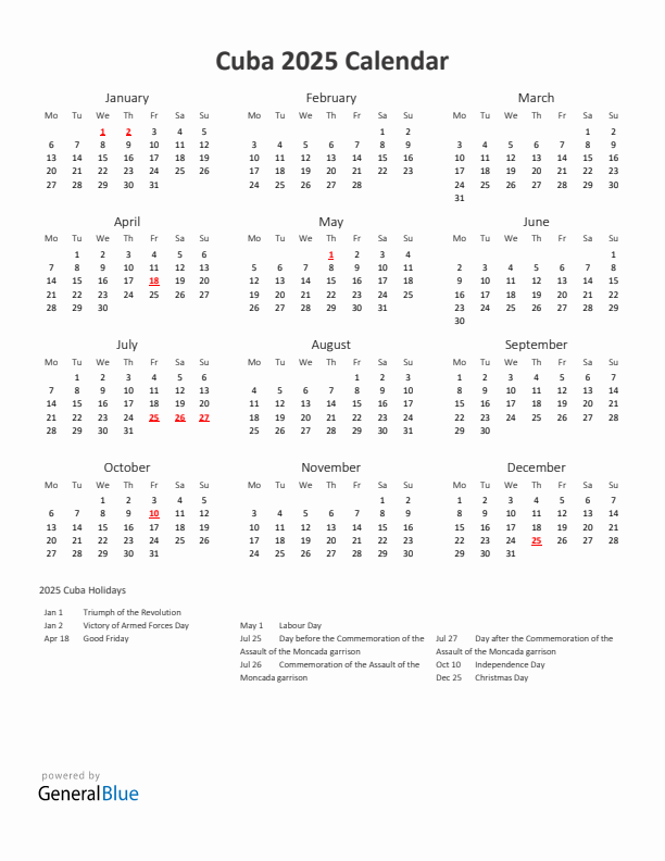 2025 Yearly Calendar Printable With Cuba Holidays