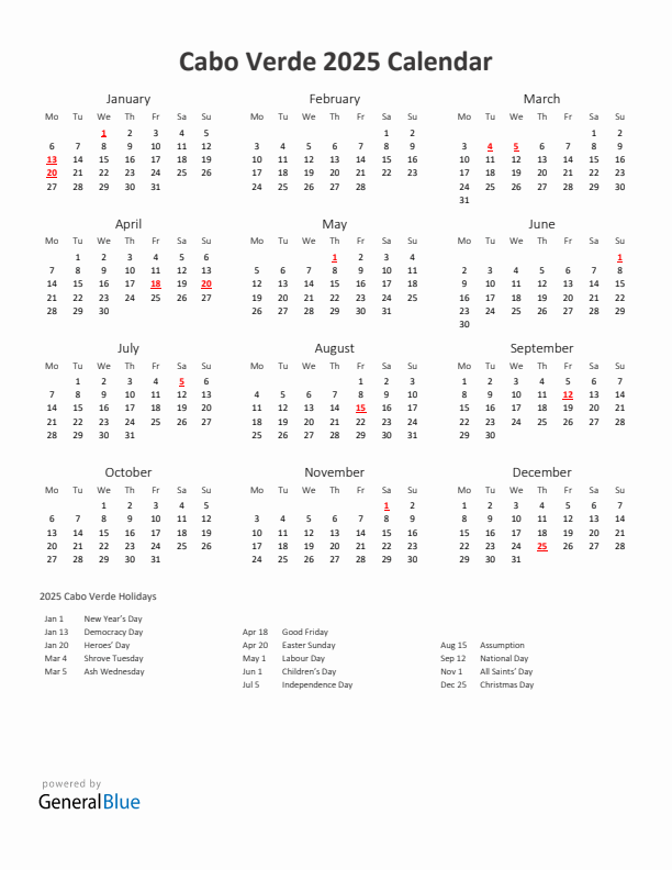 2025 Yearly Calendar Printable With Cabo Verde Holidays